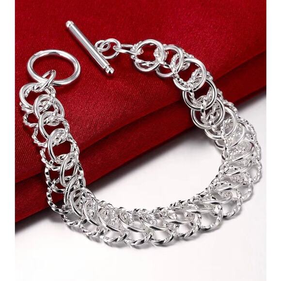 925 Silver Silver Color Double Snake Chain Bracelet w/ Cube & Heart Char 20cm - Picture 2 of 4